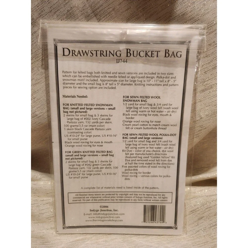 Indygo Junction Inc Drawstring Bucket Bag Pattern Felted #IJ744 2006 NEW